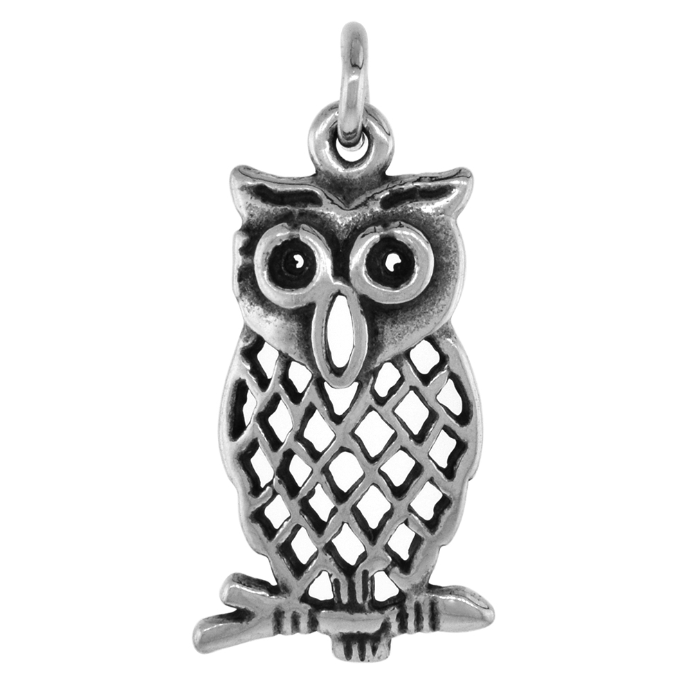 1 3/8 inch Sterling Silver Perching Owl Necklace Diamond-Cut Oxidized finish available with or without chain