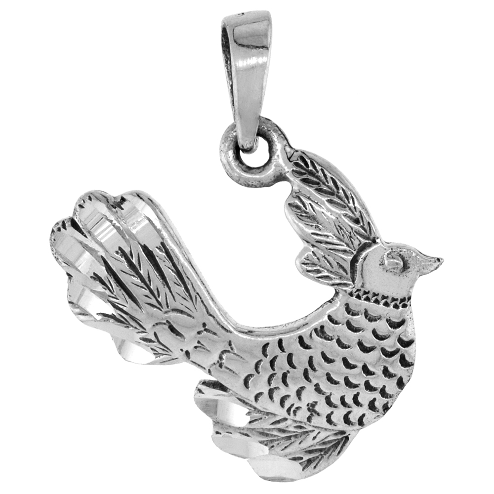 1 1/8 inch Sterling Silver Bird Pendant Diamond-Cut Oxidized finish NO Chain