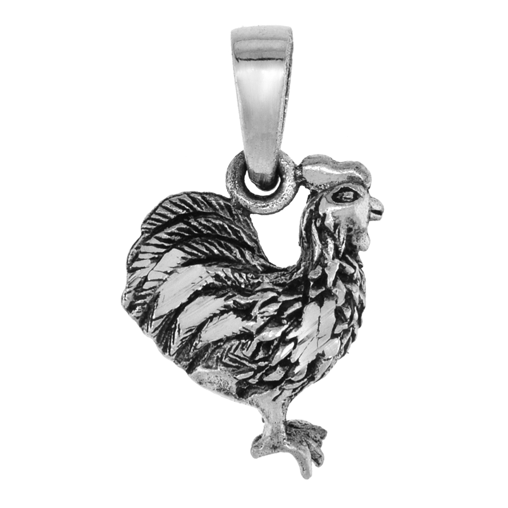 Small 3/4 inch Sterling Silver Standing Rooster Necklace for Women3-D Diamond-Cut Oxidized finish available with or without chai