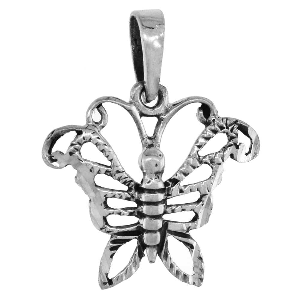 1 inch Sterling Silver Butterfly Pendant for Women Diamond-Cut Oxidized finish NO Chain