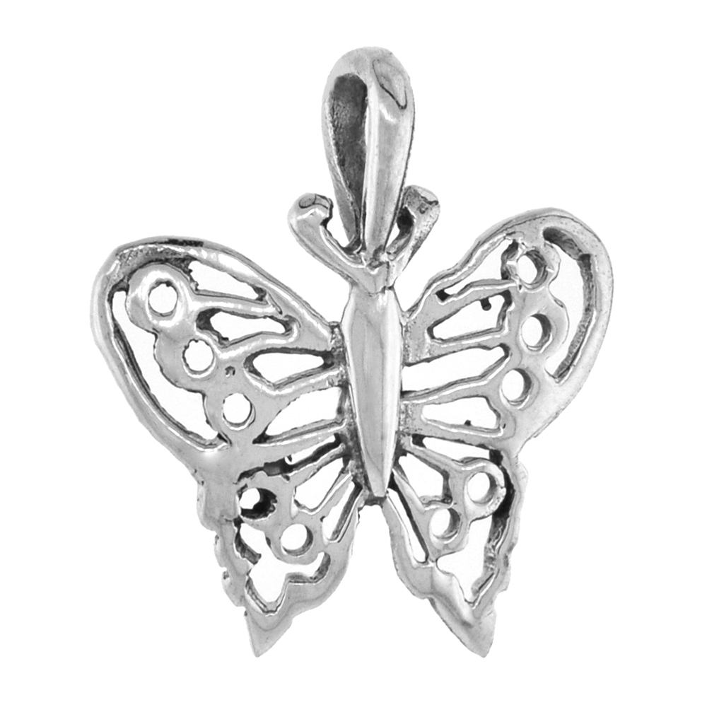 Small 3/4 inch Sterling Silver Butterfly Necklace for Women Diamond-Cut Oxidized finish available with or without chain