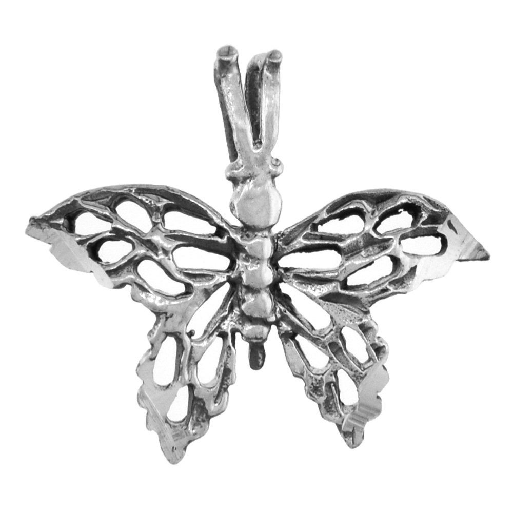 Small 3/4 inch Sterling Silver Filigree Butterfly Necklace for Women Diamond-Cut Oxidized finish available with or without chain