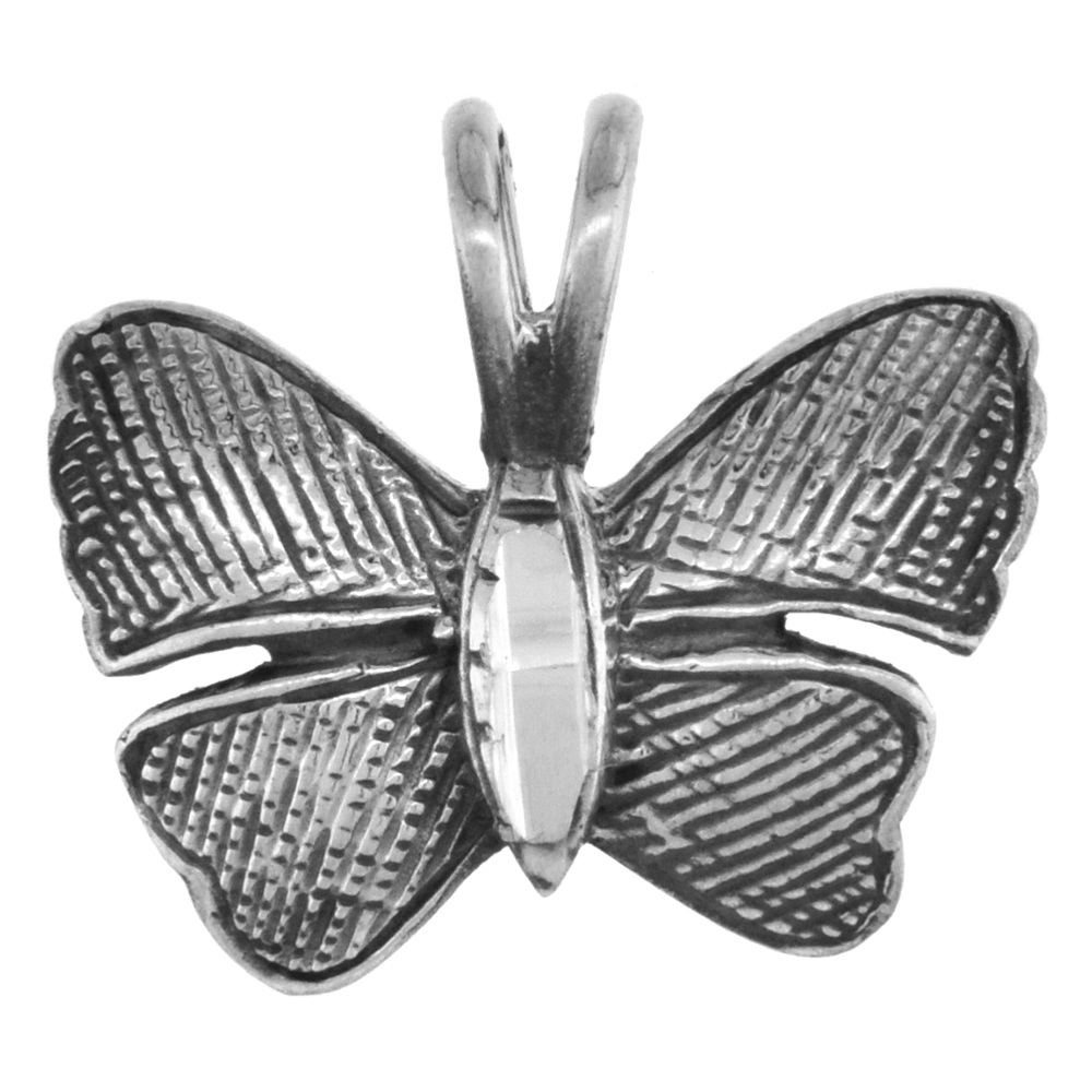 Small 3/4 inch Sterling Silver Butterfly Necklace for Women Diamond-Cut Oxidized finish available with or without chain