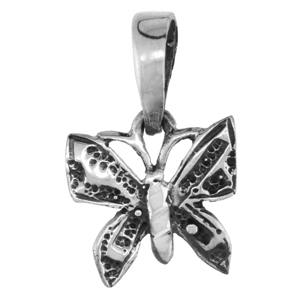 Very Small 5/8 inch Sterling Silver Teeny Butterfly Necklace for Women Diamond-Cut Oxidized finish available with or without cha