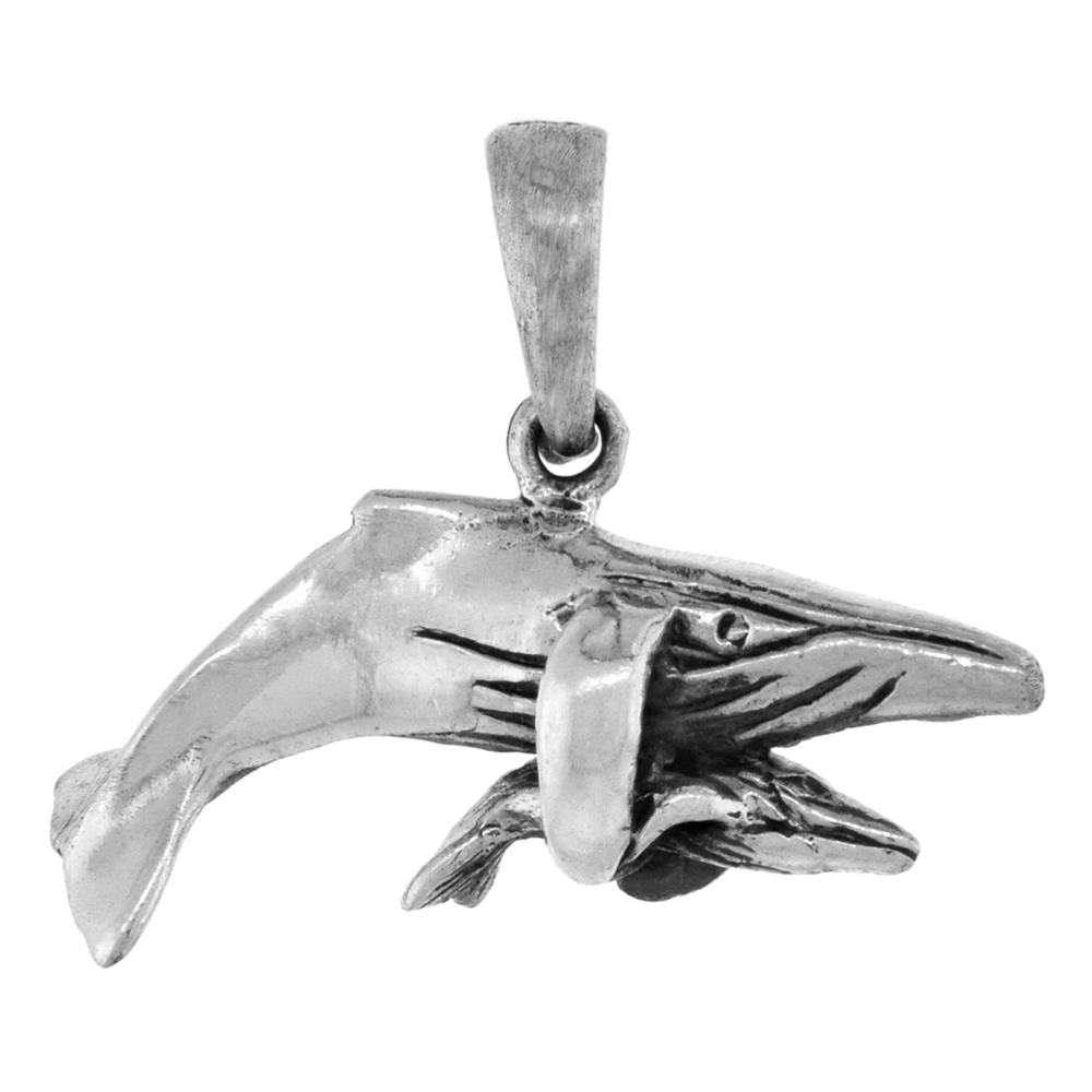 Small 3/4 inch Sterling Silver Mother and Baby Sperm Whale Necklace for Women Diamond-Cut Oxidized finish available with or with