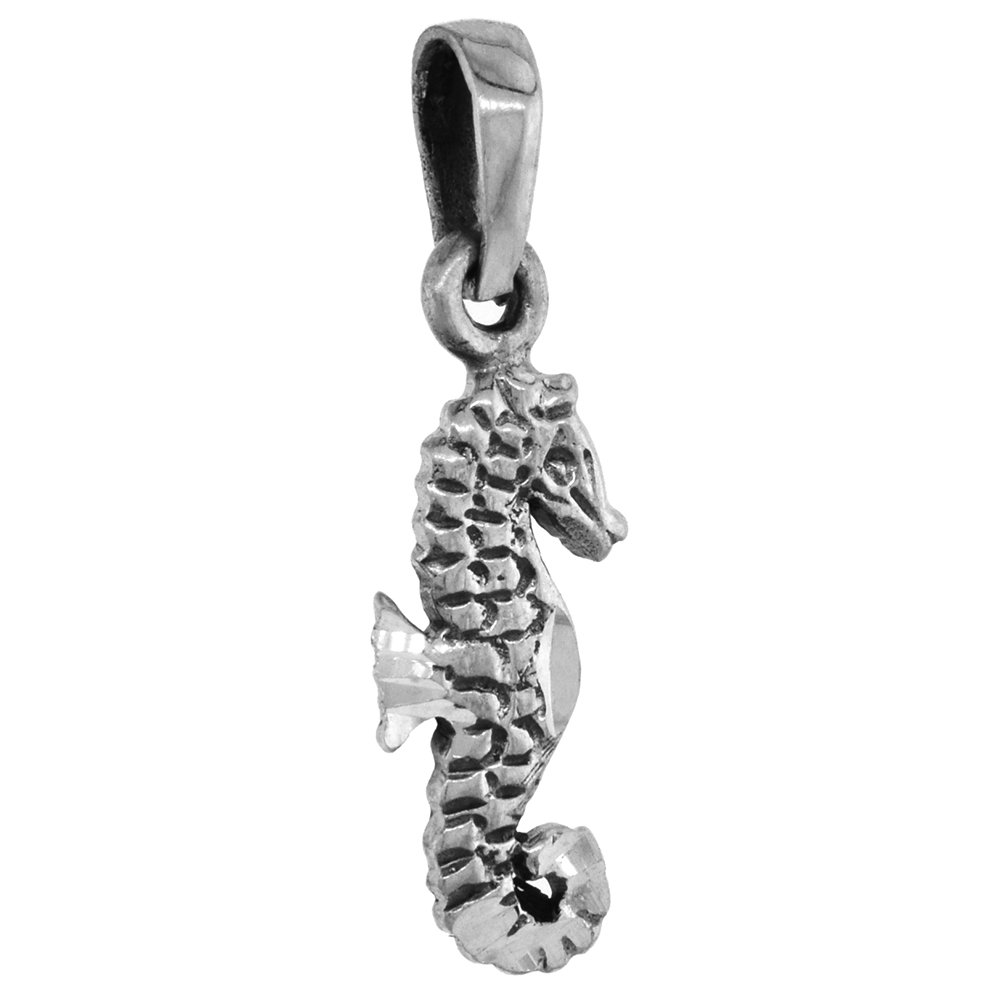 Small 3/4 inch Sterling Silver Seahorse Necklace for Women Diamond-Cut Oxidized finish available with or without chain