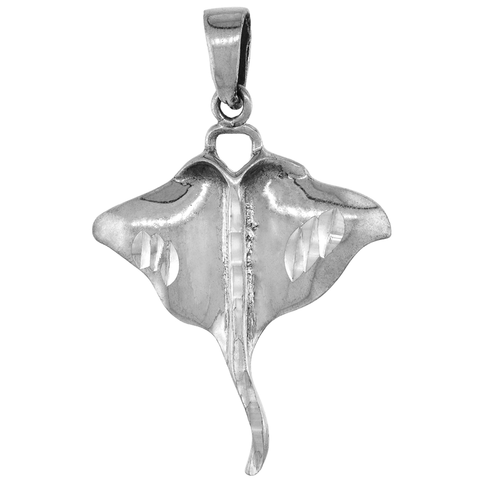 1 1/4 inch tall Sterling Silver Stingray Pendant 25mm wide Diamond-Cut Oxidized finish NO Chain