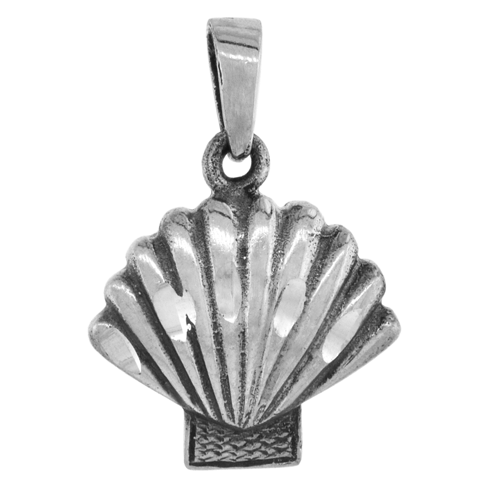 Small 3/4 inch Sterling Silver Fan Scallop Clamshell Necklace for Women Diamond-Cut Oxidized finish available with or without ch