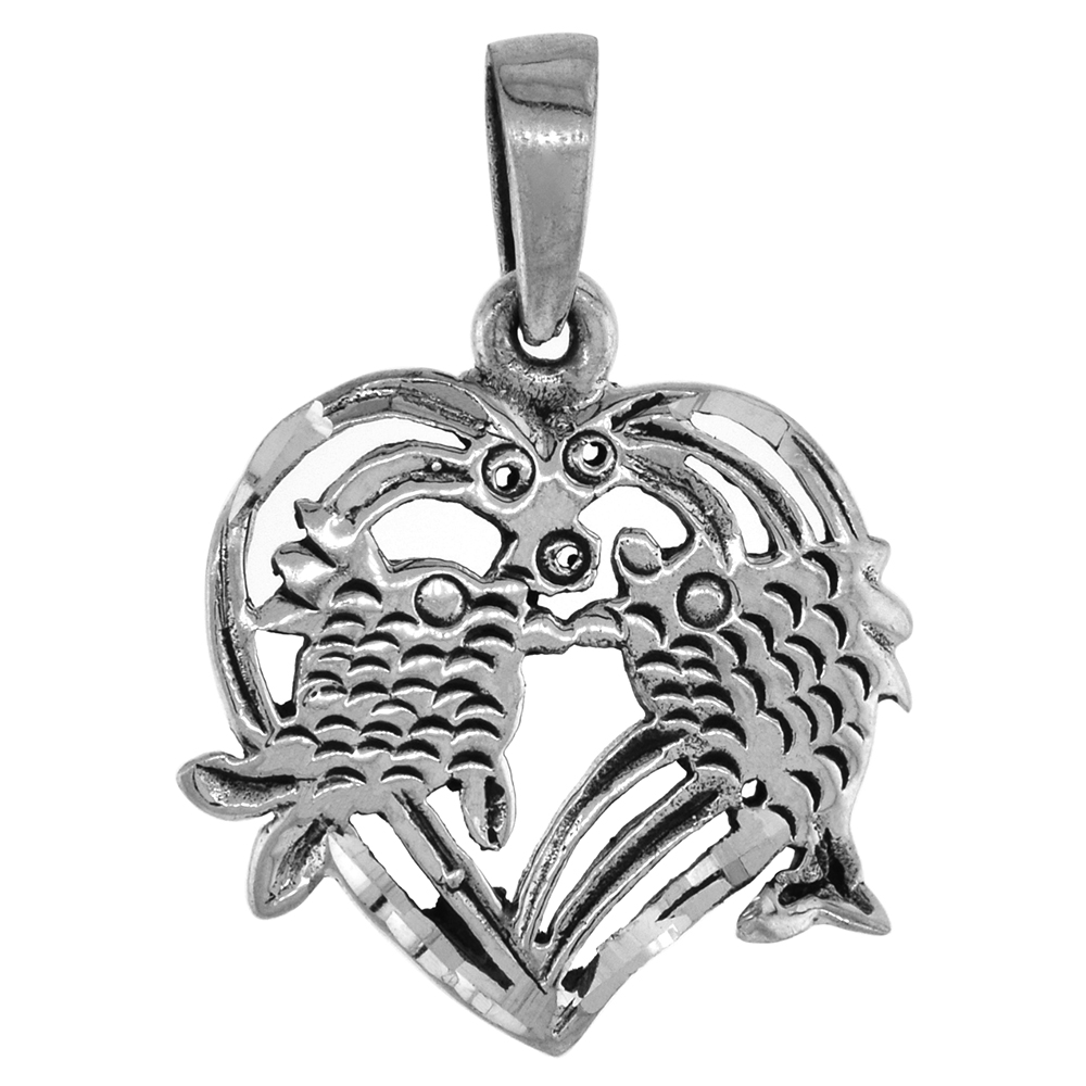 Small 3/4 inch Sterling Silver Heart Necklace with Kissing Fish for Women Diamond-Cut Oxidized finish available with or without 