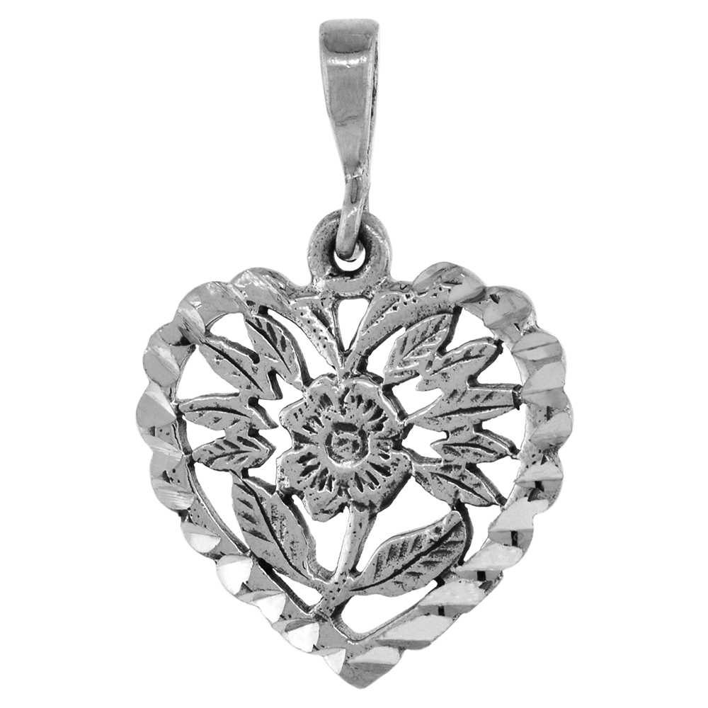 7/8 inch Sterling Silver Flower in Heart Necklace for Women for Women Diamond-Cut Oxidized finish available with or without chai