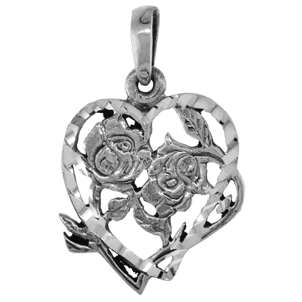 7/8 inch Sterling Silver Flowers in Heart Necklace for Women for Women Diamond-Cut Oxidized finish available with or without cha