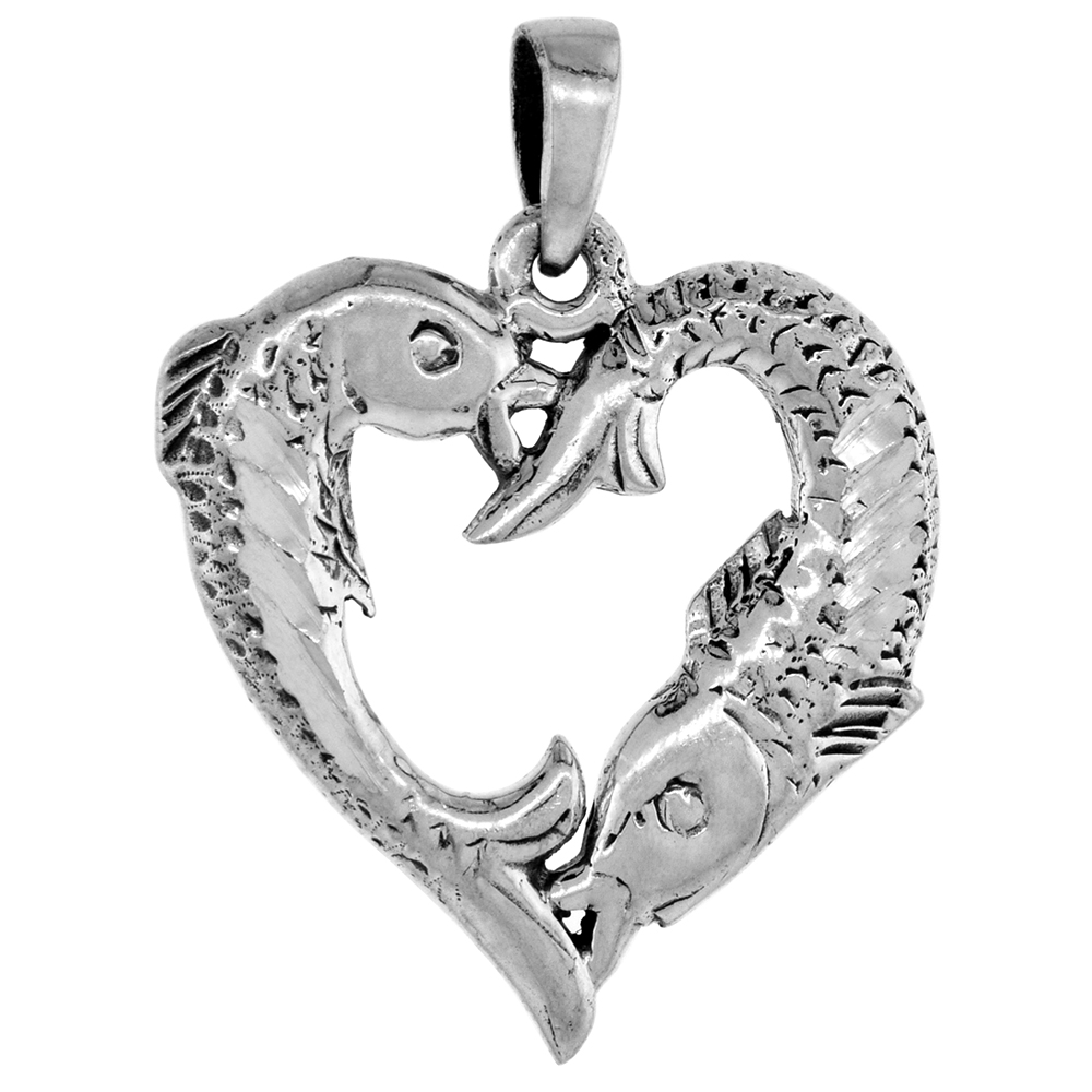 1 inch Sterling Silver Heart-Shaped Fish Pisces Sign Necklace for Women Diamond-Cut Oxidized finish available with or without ch