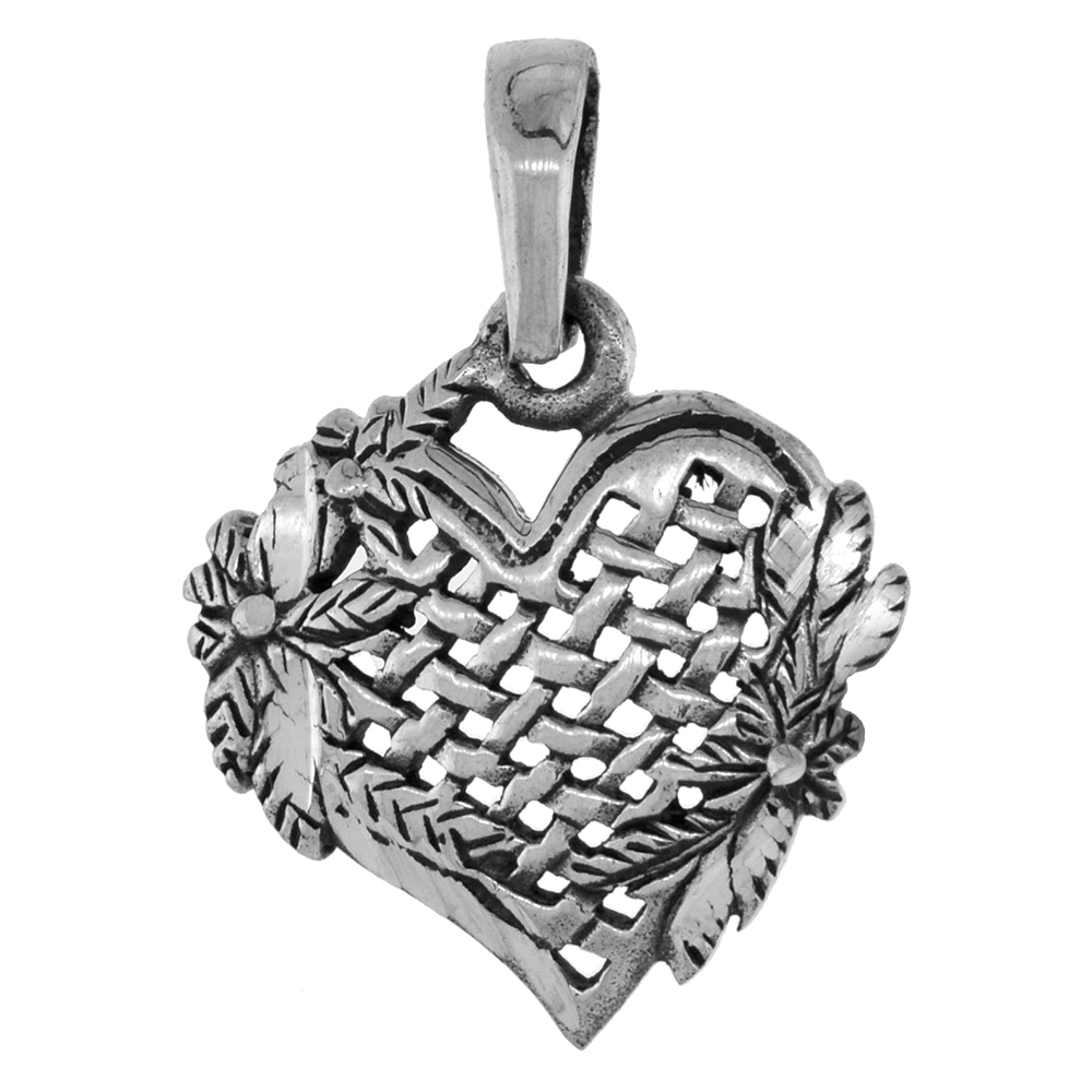 Small 3/4 inch Sterling Silver Heart Necklace Basketweave Pattern for Women Diamond-Cut Oxidized finish available with or withou