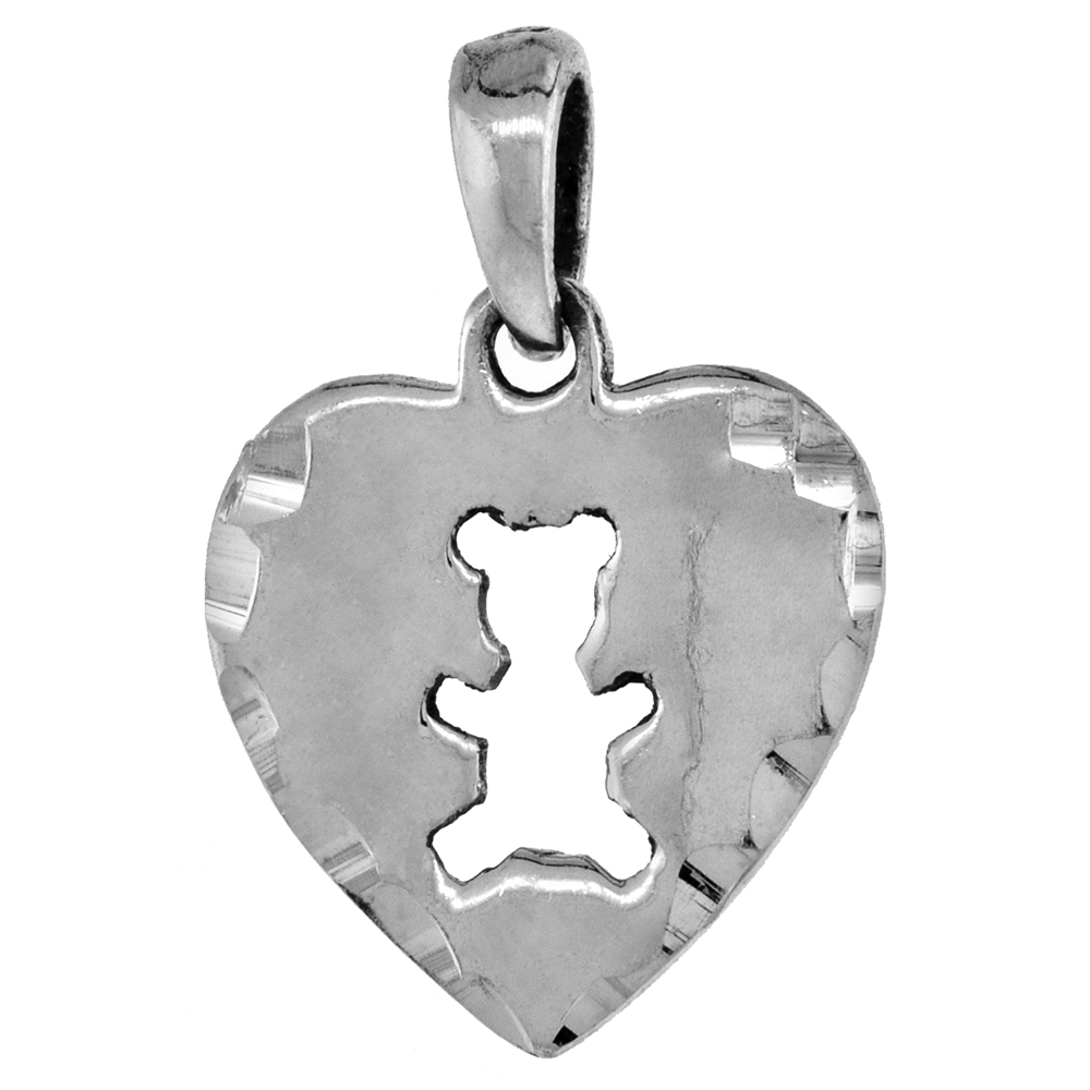 Small 3/4 inch Sterling Silver Teddy Bear Cut-out Heart Necklace for Women Diamond-Cut Oxidized finish available with or without