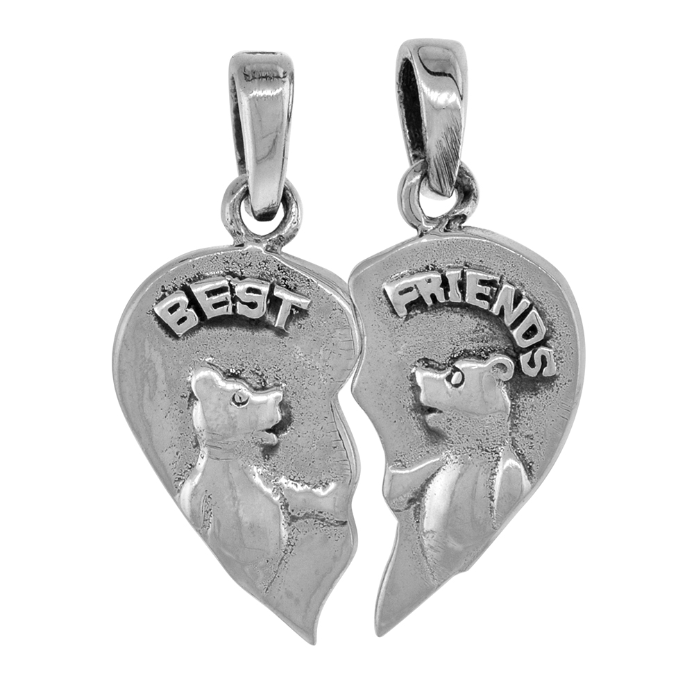 7/8 inch Sterling Silver Teddy Bears Best Friends Split Heart Necklace for Women Diamond-Cut Oxidized finish available with or w