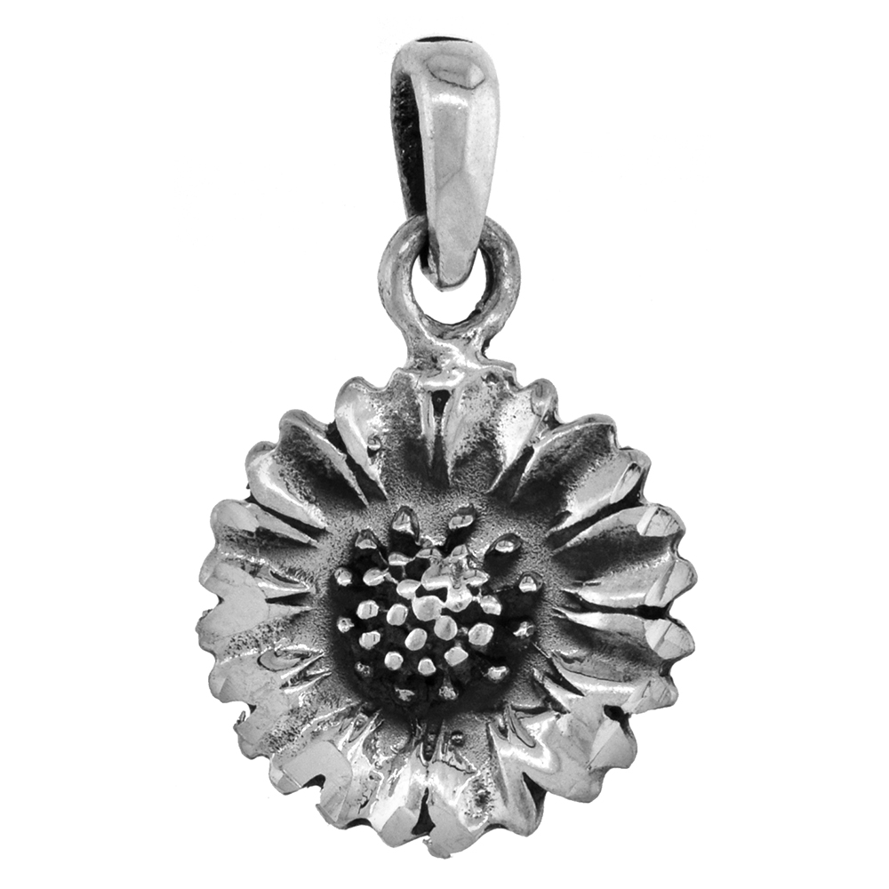 Small 3/4 inch Sterling Silver Sunflower Necklace for Women for Women Diamond-Cut Oxidized finish available with or without chai