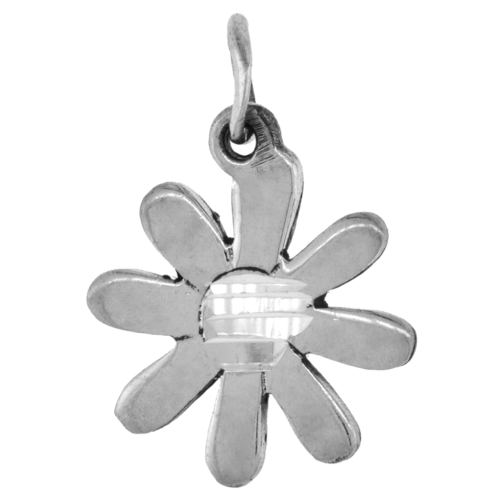 Tiny 5/8 inch Sterling Silver Daisy Flower Necklace for Women for Women Diamond-Cut Oxidized finish available with or without ch