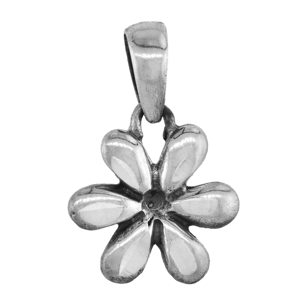 Tiny 1/2 inch Sterling Silver Daisy Flower Necklace for Women for Women Diamond-Cut Oxidized finish available with or without ch