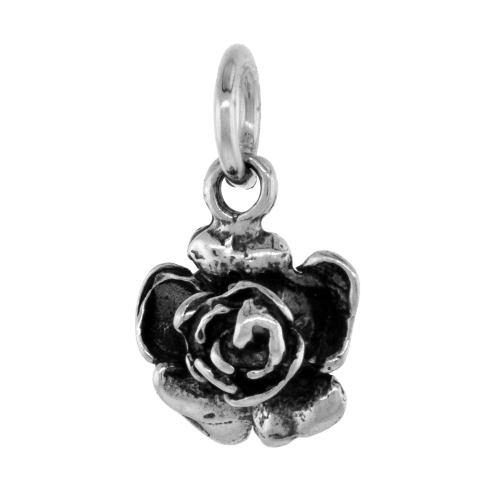 Tiny 1/2 inch Sterling Silver Rose Flower Necklace for Women for Women Diamond-Cut Oxidized finish available with or without cha