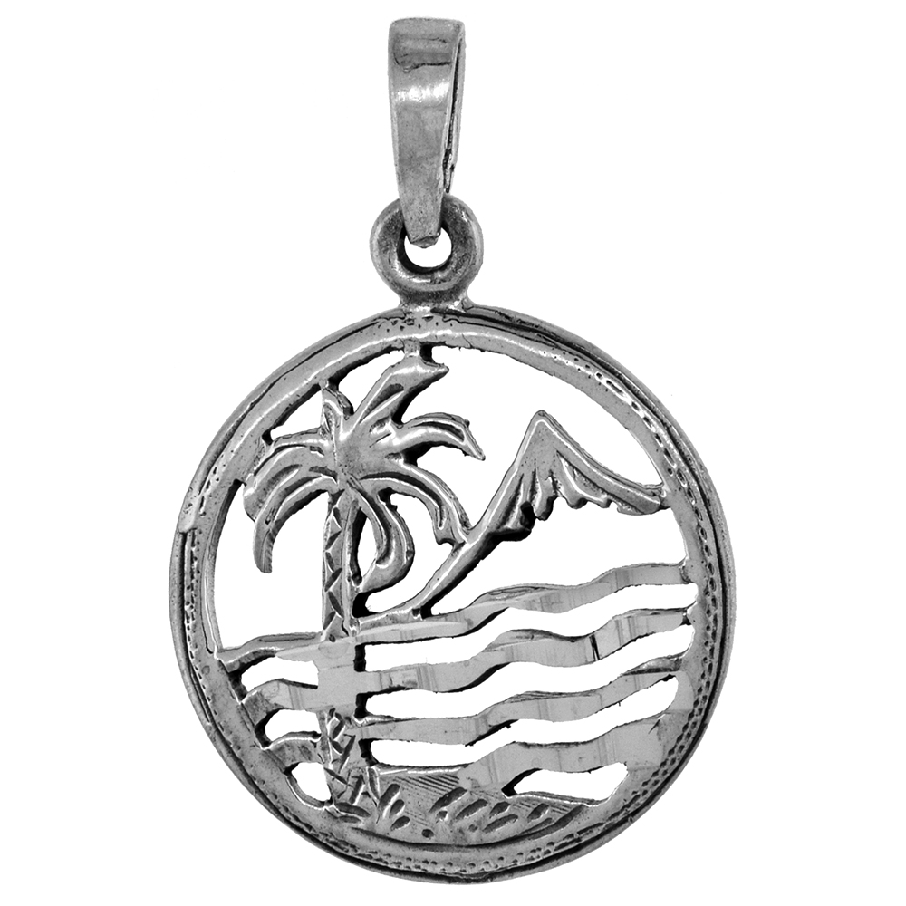 7/8 inch Sterling Silver Tropical Island Palm Tree Pendant Diamond-Cut Oxidized finish NO Chain