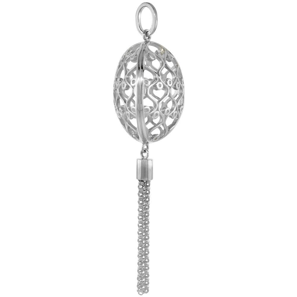 Sterling Silver Oval Quatrefoil Ball Tassel Chinese Lantern Pendant Women Flawless Finish 2 1/4 inch No Chain