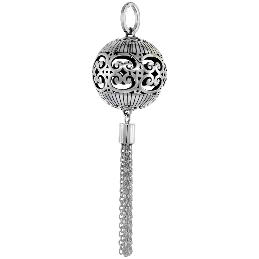 Sterling Silver Filigree Ball Tassel Chinese Lantern Pendant Women Oxidized Finish 2 1/4 inch No Chain