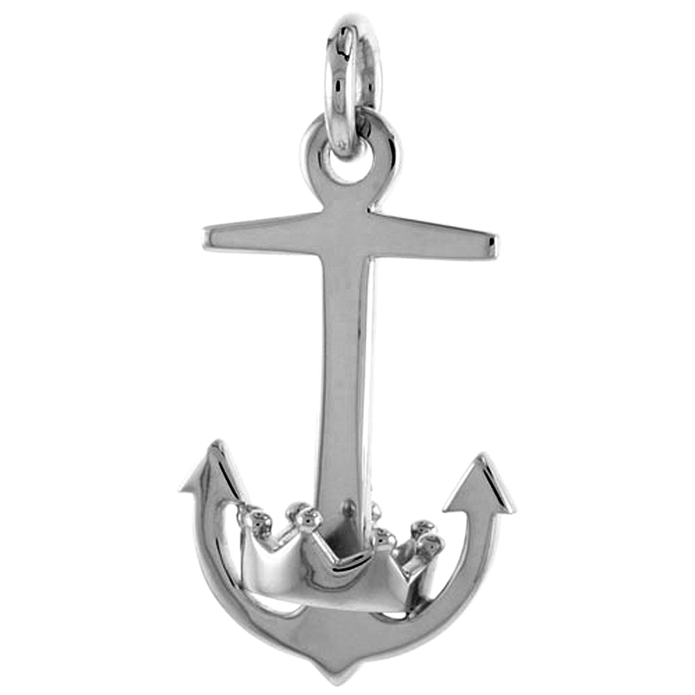 Sterling Silver Crown and Anchor Pendant Men Flawless Polished Finish 1 1/4 inch Tall No Chain