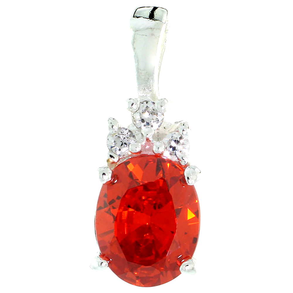 Sterling Silver Oval-shaped CZ Pendant, w/ 9x7mm Oval Cut Orange Sapphire-colored Stone & Brilliant Cut Clear Stones, w/ 18" Thin Box Chain