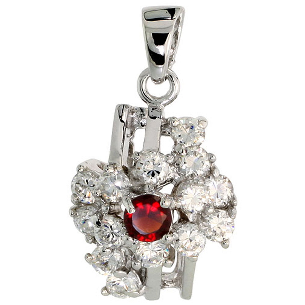 Sterling Silver Garnet Cubic Zirconia Cocktail Pendant Rhodium finish, 1/2 inch long