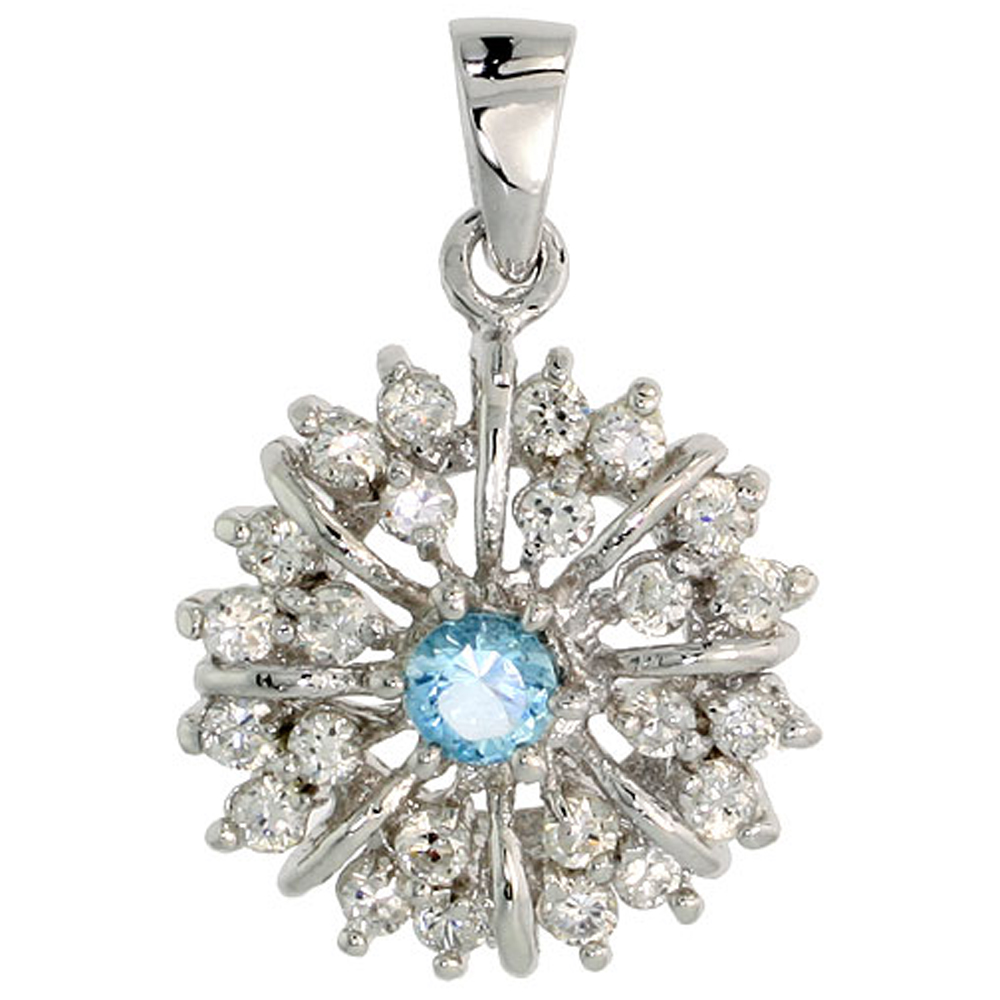 Sterling Silver Blue Topaz Cubic Zirconia Starburst Pendant Rhodium finish, 1/2 inch long