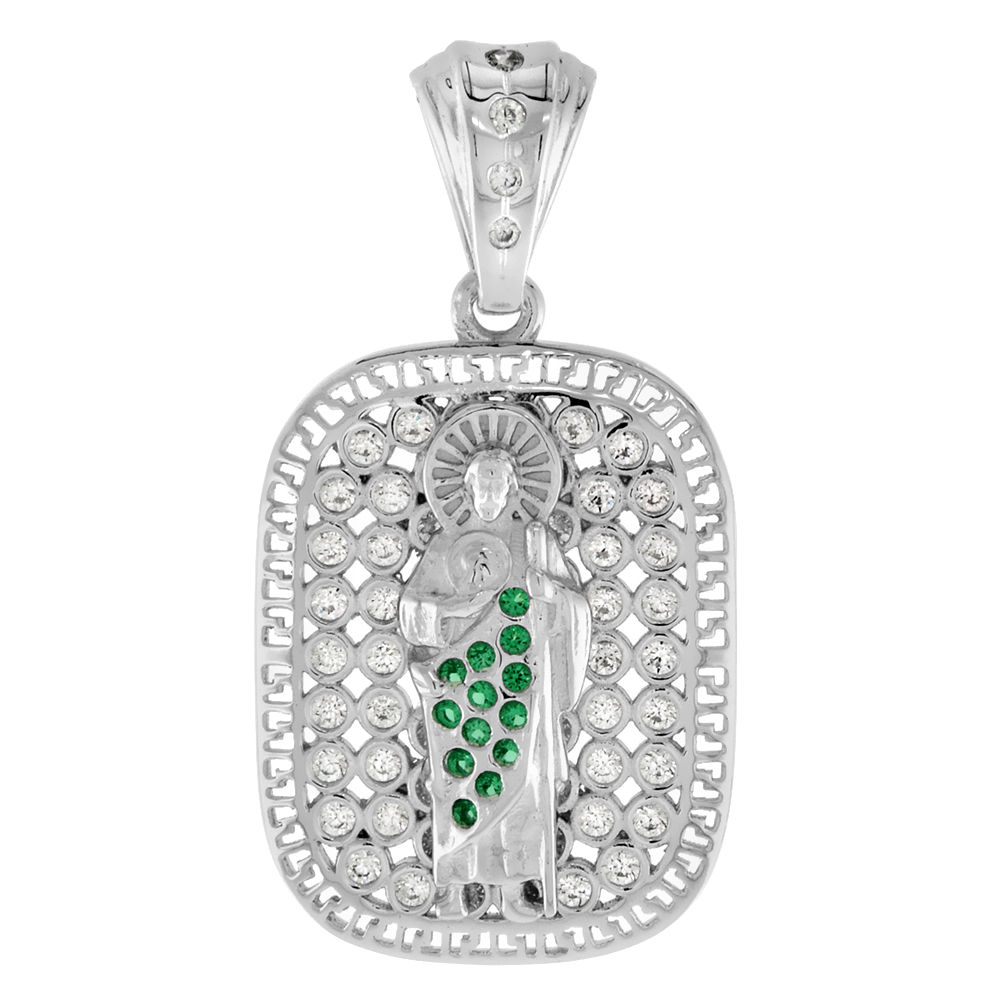 3/4 inch Sterling Silver Green &amp; White CZ St Jude Pendant for Men Rectangular Round Corner Rhodium Finish