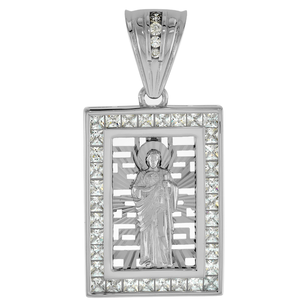 1 inch Sterling Silver Princess CZ St Jude Pendant for Men Diamond Cut Aureole Rectangular Rhodium Finish