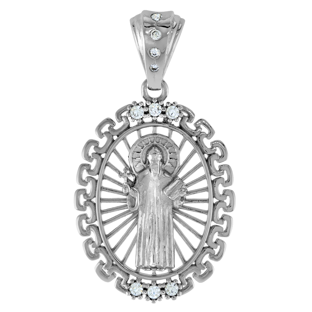 1 inch Sterling Silver CZ Oval St Benedict Pendant for Men & Women Greek Key Bezel Cut Out Aureole Rhodium Finish