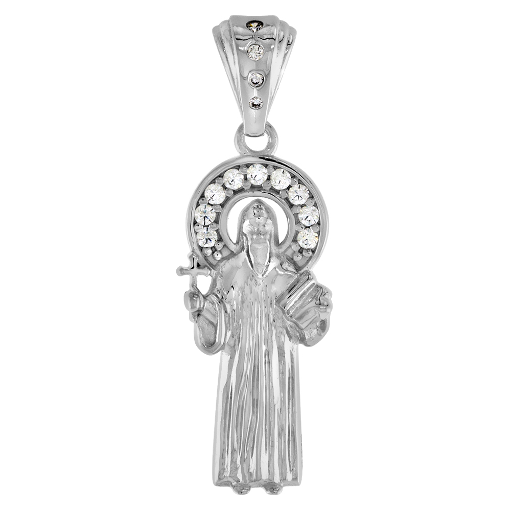 1 inch Sterling Silver Micropave CZ Halo St Benedict Pendant for Men &amp; Women Small Rhodium Finish