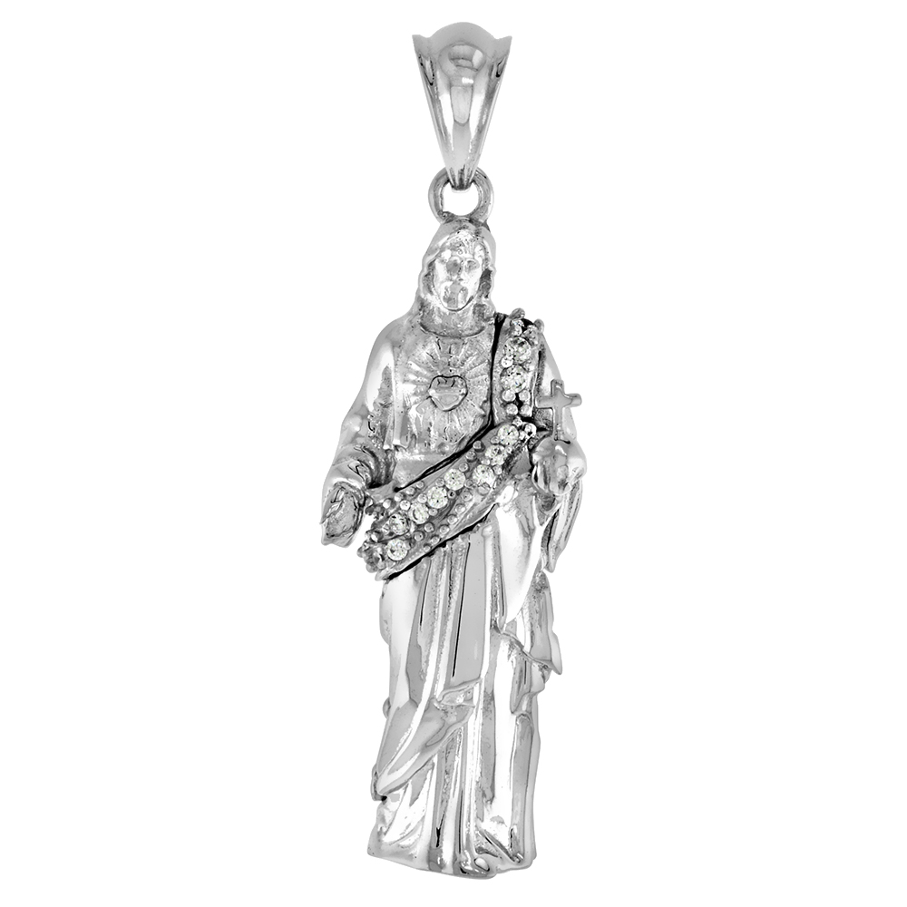 1 1/4 inch Sterling Silver CZ Robe Full Body Sacred Heart of Jesus Pendant for Men &amp; Women Rhodium Finish