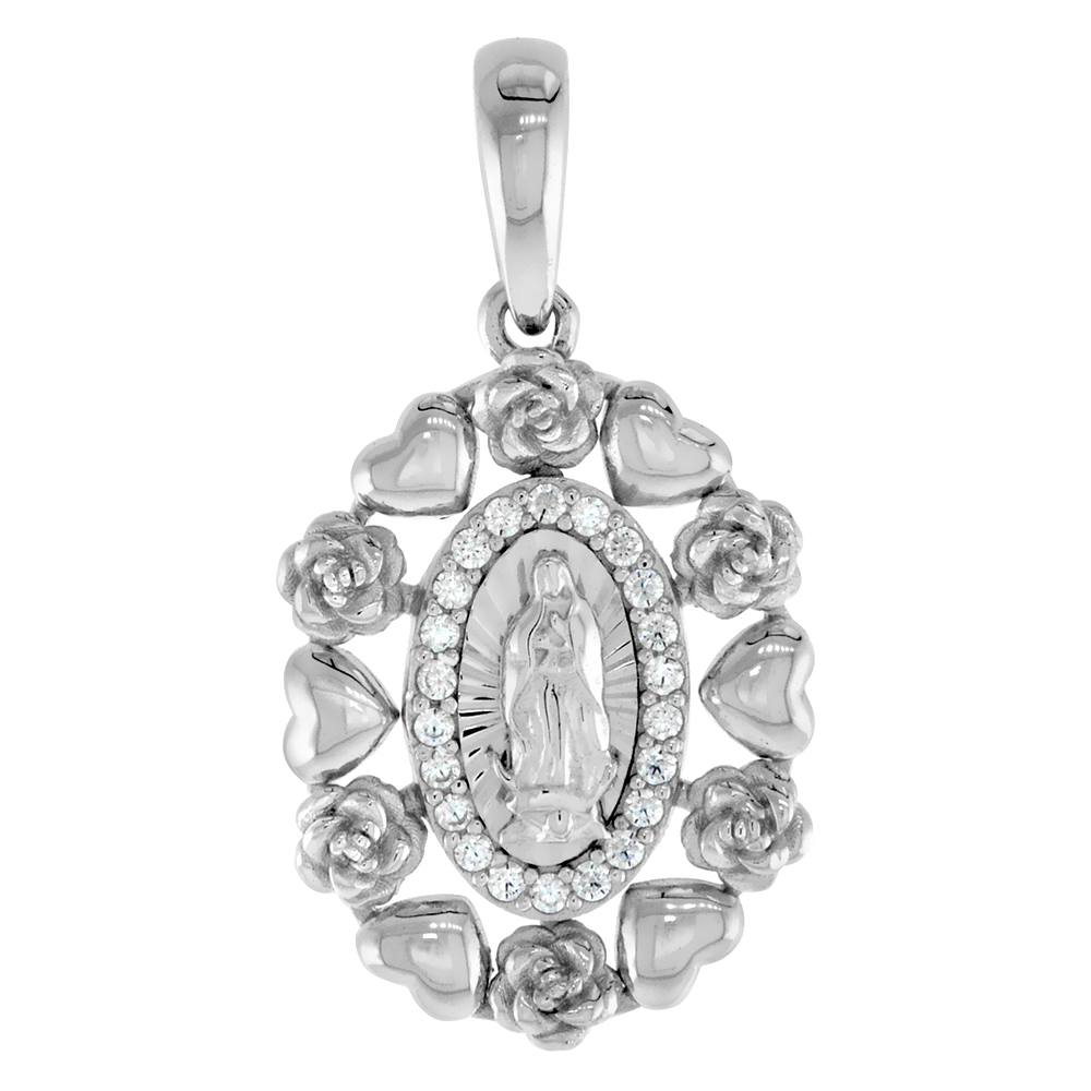 3/4 inch Sterling Silver Micropave CZ Hearts & Roses Virgin of Guadalupe Pendant for Women Rhodium Finish