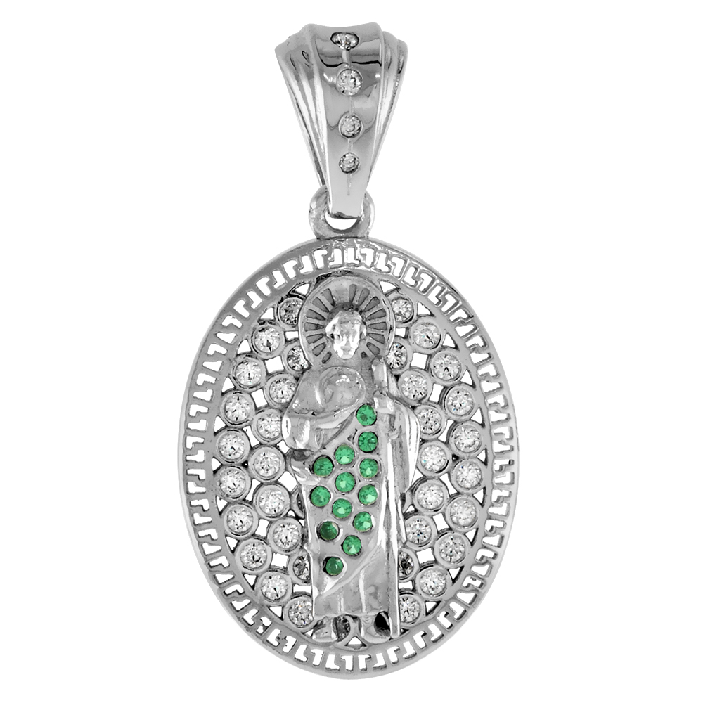 3/4 inch Sterling Silver Green &amp; White CZ Oval St Jude Thaddeus Pendant for Women Greek Key Border Rhodium Finish