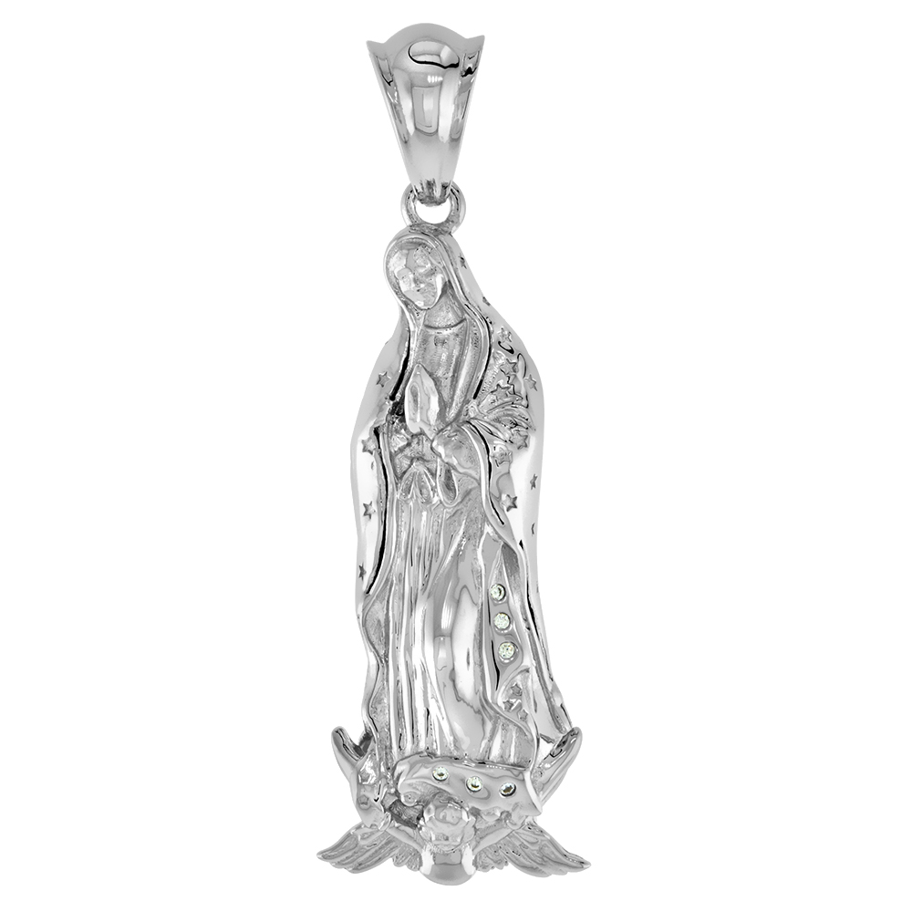 2 inch Large Sterling Silver CZ Full Body Our Lady of Guadalupe Pendant for Men &amp; Women Rhodium Finish