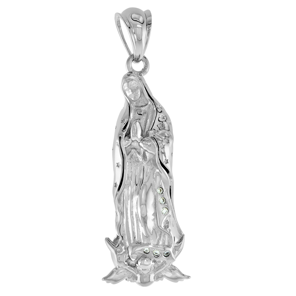 1.5 inch Sterling Silver CZ Full Body Our Lady of Guadalupe Pendant for Men &amp; Women Rhodium Finish