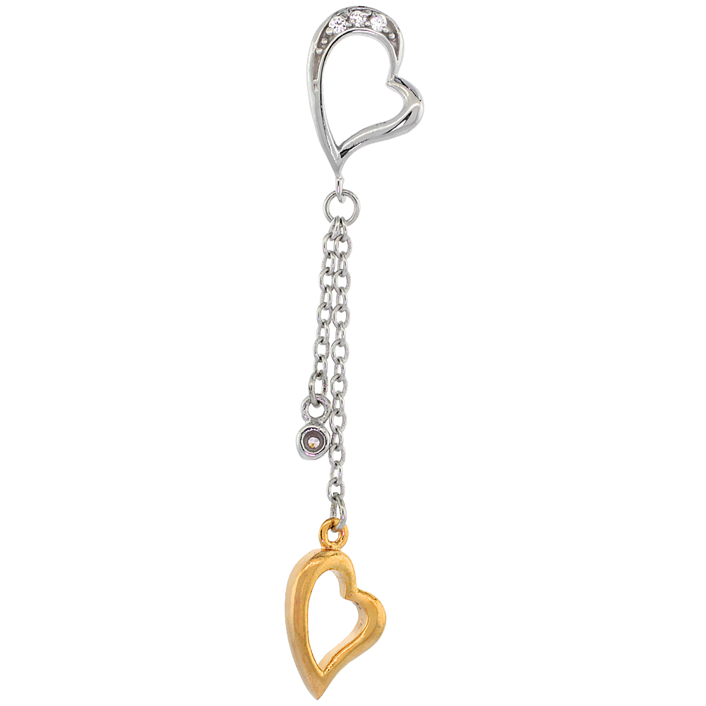 Sterling Silver Heart Dangling CZ Pendant Yellow Gold Accent, 2 1/8 inch long