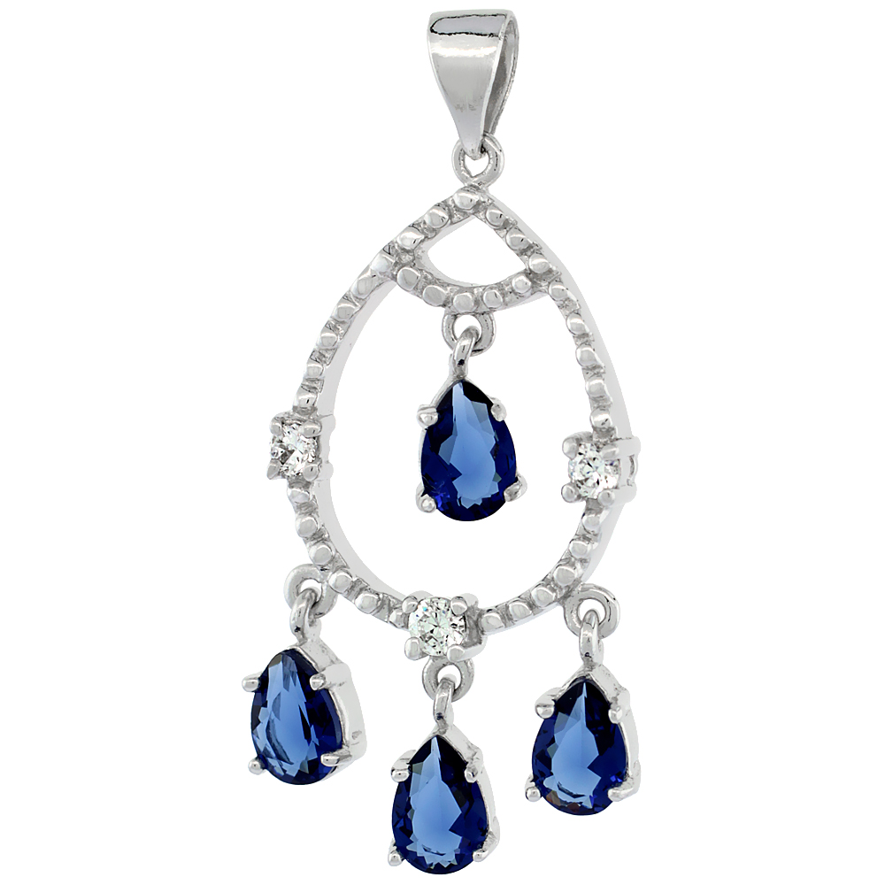 Sterling Silver Tear Drop Girandole CZ Pendant Blue & White Stones, 1 1/4 inch long