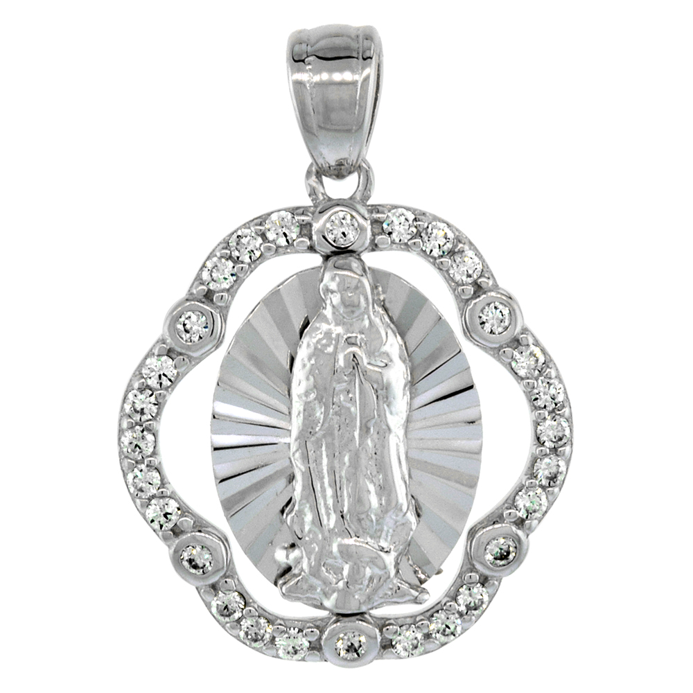 Sterling Silver St Guadalupe Pendant Micropave CZ Halo Diamond cut Rhodium Finish 5/8 inch wide