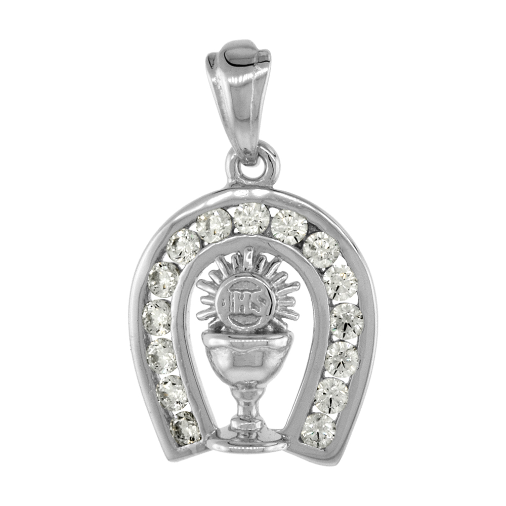 Sterling Silver First Communion Pendant Cubic Zirconia Horseshoe Small Rhodium Finish 1/2 inch tall