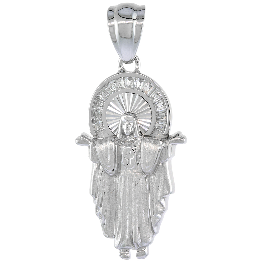 1 3/16 inch Sterling Silver Cubic Zirconia Risen Christ Necklace Outstretched Arms Baguette Halo 16-24 inch