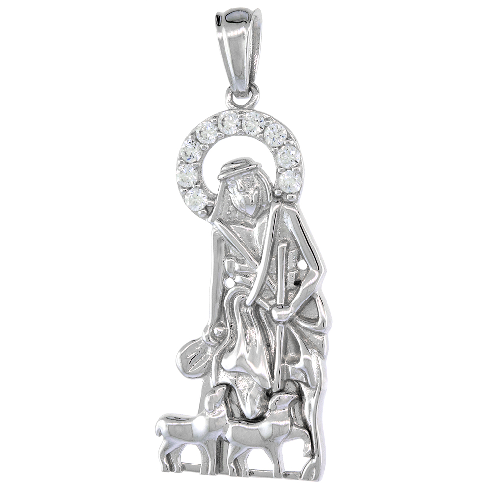 1 1/8 inch Sterling Silver Cubic Zirconia St Lazarus Pendant Micropave Halo Rhodium Finish No Chain Included