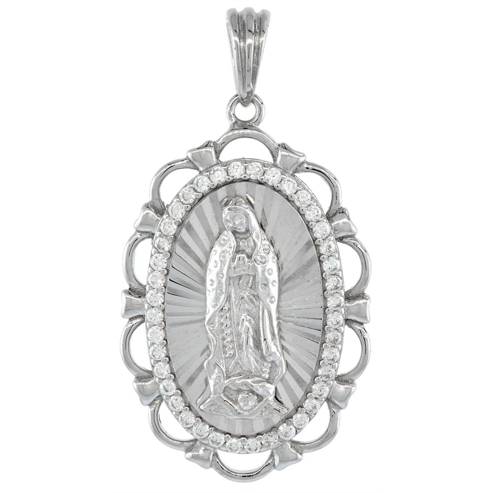 1 1/8 inch Oval Sterling Silver Cubic Zirconia Our Lady of Guadalupe Necklace Oval Micropave Halo Scalloped Frame Rhodium Finish