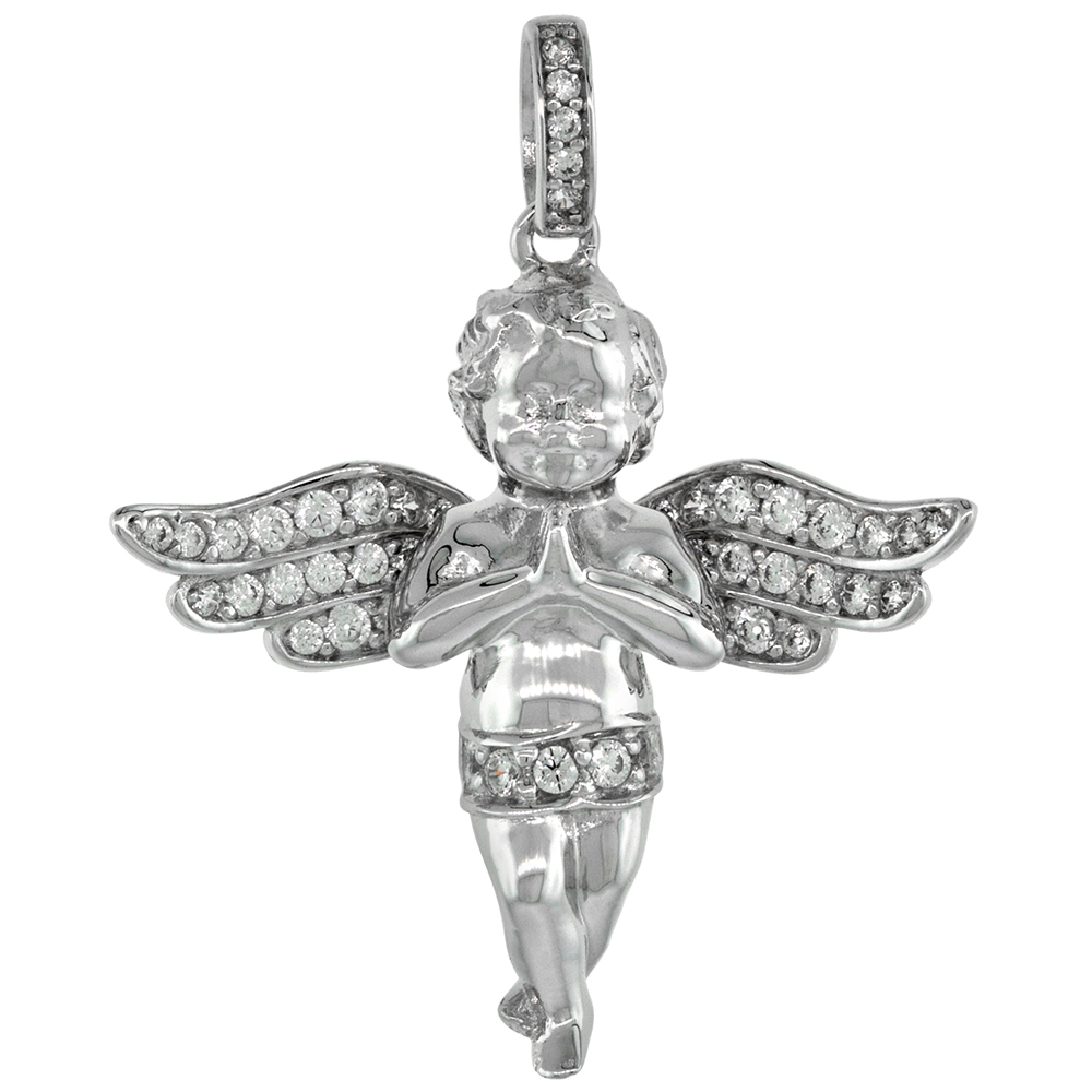 1 inch Sterling Silver Micropave CZ Cherub Pendant for Women Rhodium Finish