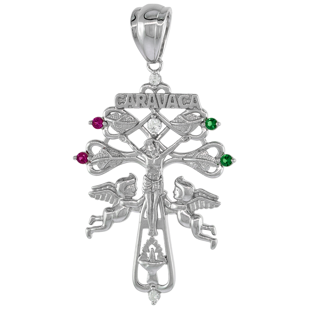 1 1/2 inch Sterling Silver Tri Color CZ Carvaca Cross Pendant Red White Green for Men Women Rhodium Finish