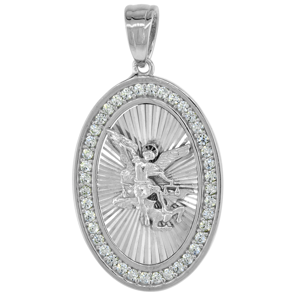 Sterling Silver Saint Michael Medal Pendant CZ Halo Diamond cut Rhodium Finish Oval 13/16 inch tall