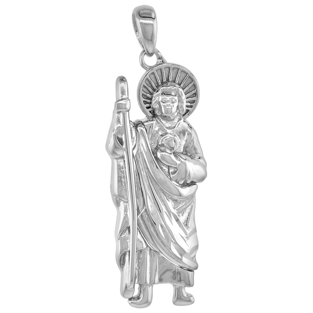 Sterling Silver Saint Jude Pendant Small Rhodium Finish 1 1/16 inch tall